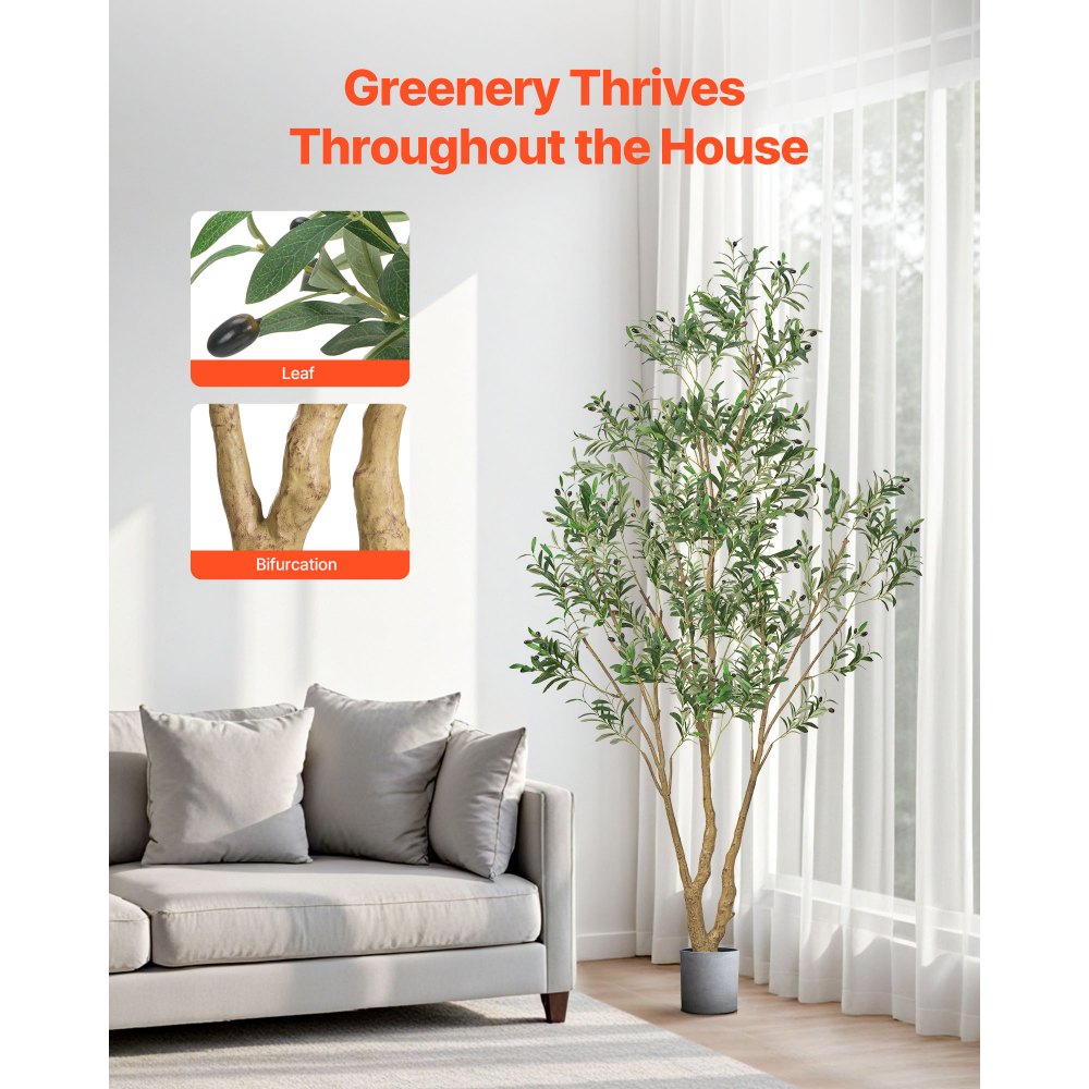 VEVOR 8FT Artificial Olive Tree with Black Pot, Tall Fake Tree with Natural Wood Trunk & Realistic Green Leaves and Fruits, Indoor Faux Plant for Home, Office, Living Room, Corner Decor