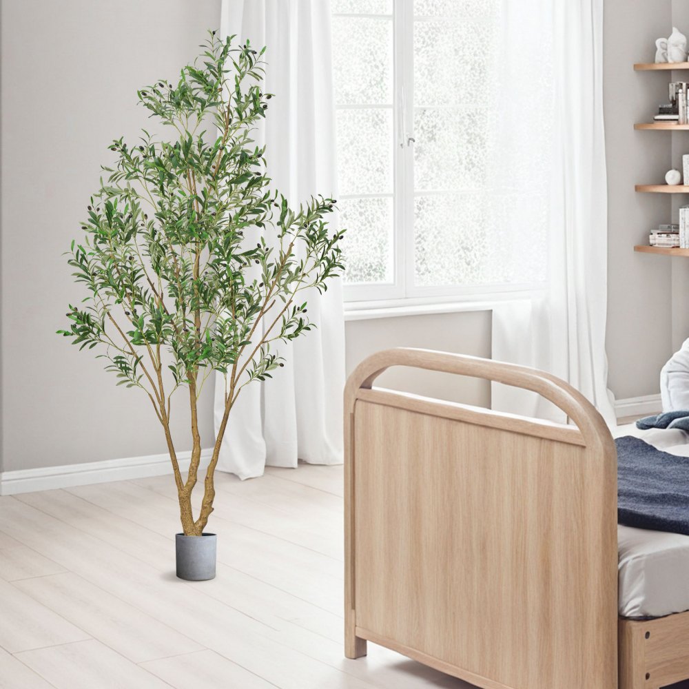VEVOR 8FT Artificial Olive Tree with Black Pot, Tall Fake Tree with Natural Wood Trunk & Realistic Green Leaves and Fruits, Indoor Faux Plant for Home, Office, Living Room, Corner Decor