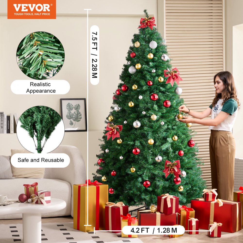 VEVOR Christmas Tree, 7.5ft Artificial Xmas Tree, Full Holiday Decor Tree with 1346 Branch Tips and Metal Base for Home Party Office Decoration