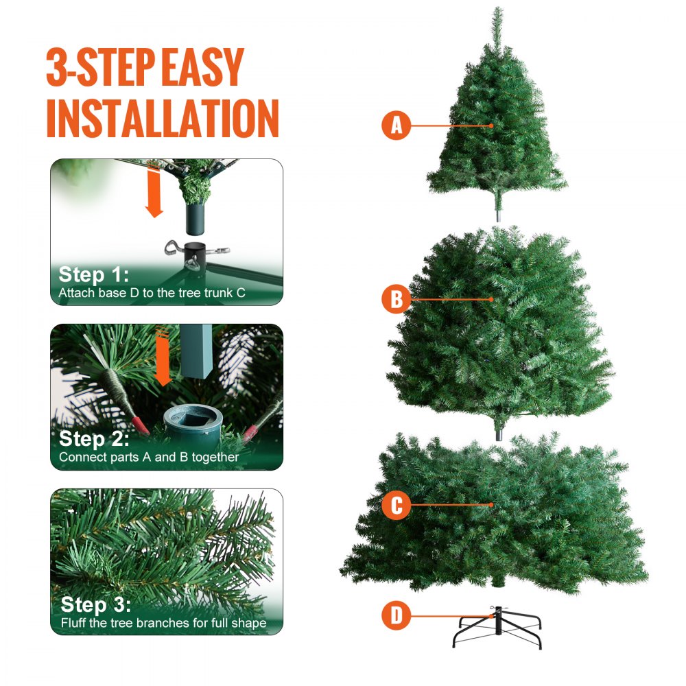 VEVOR Christmas Tree, 7.5ft Artificial Xmas Tree, Full Holiday Decor Tree with 1346 Branch Tips and Metal Base for Home Party Office Decoration