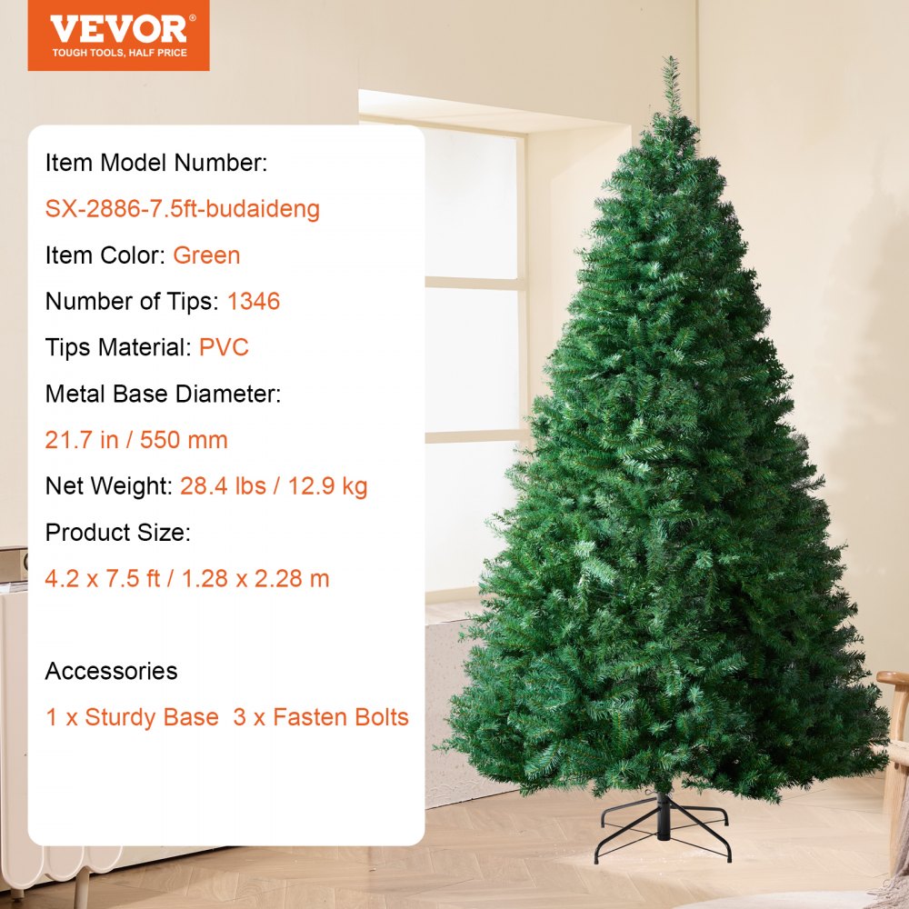VEVOR Christmas Tree, 7.5ft Artificial Xmas Tree, Full Holiday Decor Tree with 1346 Branch Tips and Metal Base for Home Party Office Decoration