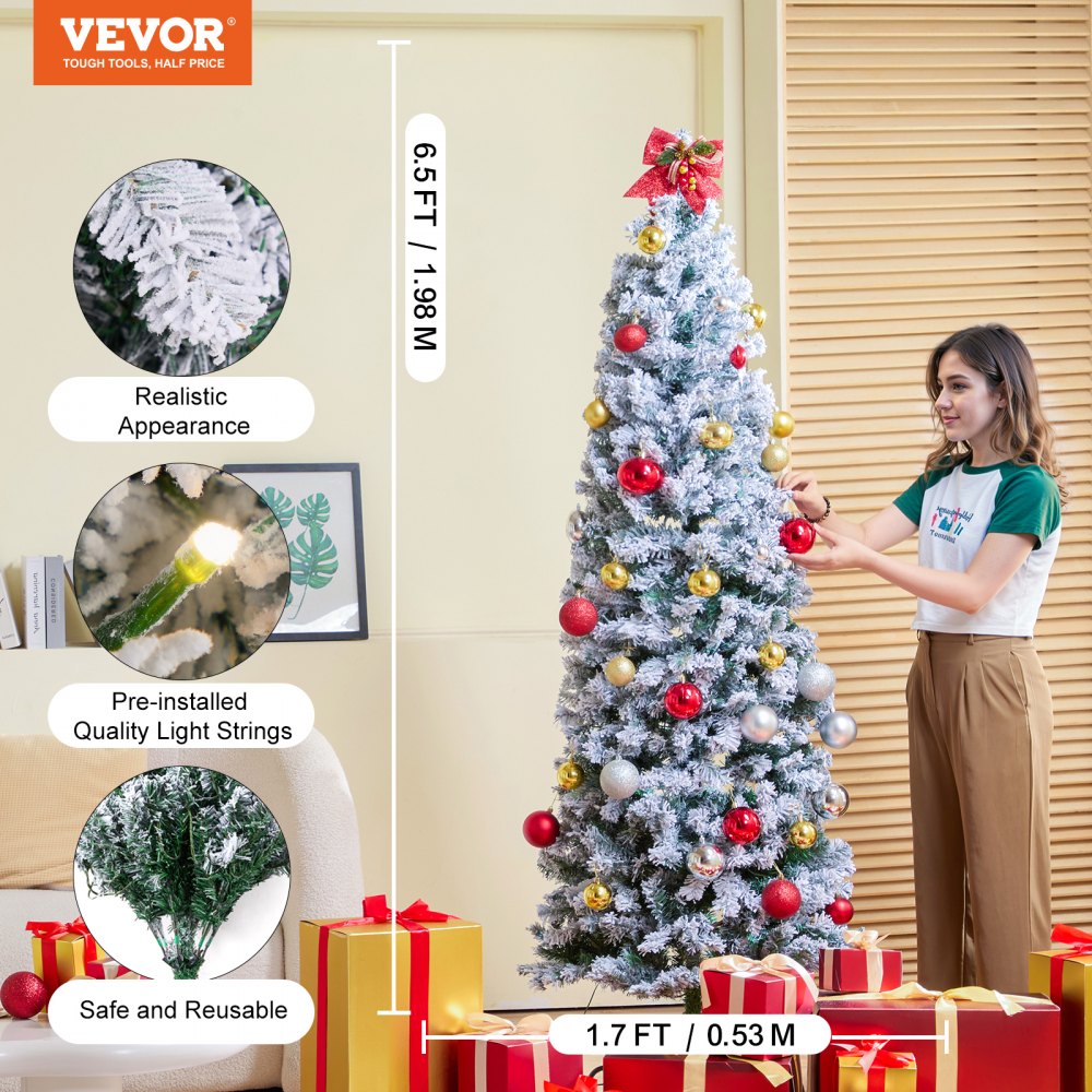 VEVOR Christmas Tree, 6.5ft Prelit Flocked Artificial Tree, Full Holiday Xmas Tree with 250 White LED Lights, 814 Branch Tips, Metal Base for Home Party Office Decoration