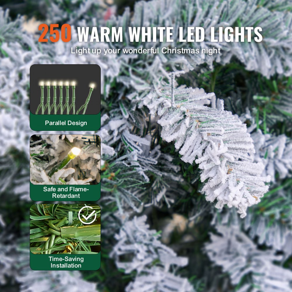 VEVOR Christmas Tree, 6.5ft Prelit Flocked Artificial Tree, Full Holiday Xmas Tree with 250 White LED Lights, 814 Branch Tips, Metal Base for Home Party Office Decoration