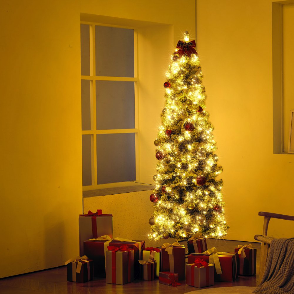 VEVOR Christmas Tree, 6.5ft Prelit Flocked Artificial Tree, Full Holiday Xmas Tree with 250 White LED Lights, 814 Branch Tips, Metal Base for Home Party Office Decoration