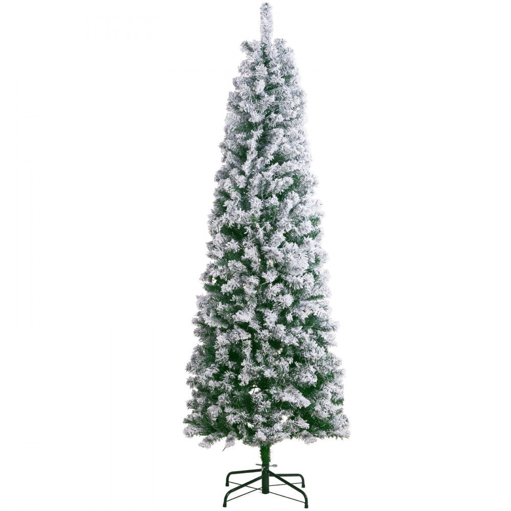 VEVOR Christmas Tree, 6.5ft Prelit Flocked Artificial Tree, Full Holiday Xmas Tree with 250 White LED Lights, 814 Branch Tips, Metal Base for Home Party Office Decoration