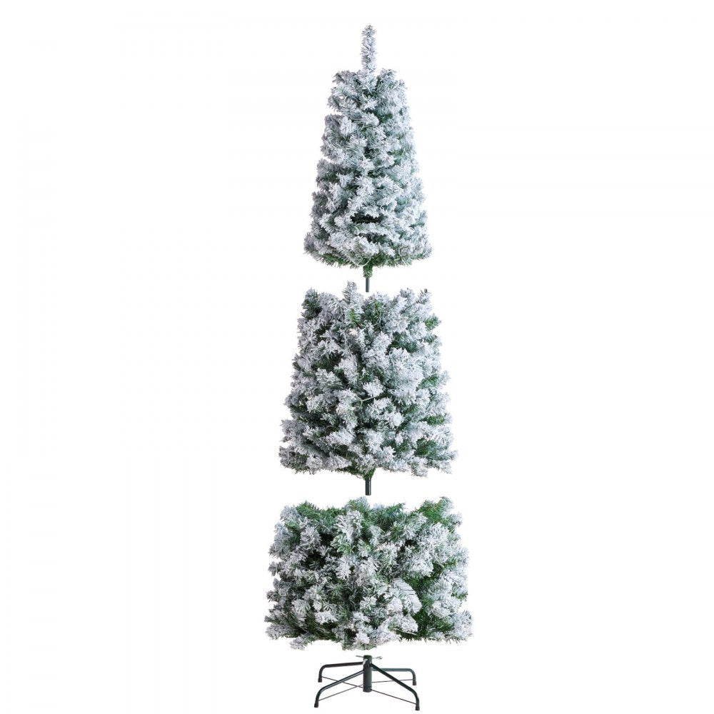 VEVOR Christmas Tree, 6.5ft Prelit Flocked Artificial Tree, Full Holiday Xmas Tree with 250 White LED Lights, 814 Branch Tips, Metal Base for Home Party Office Decoration