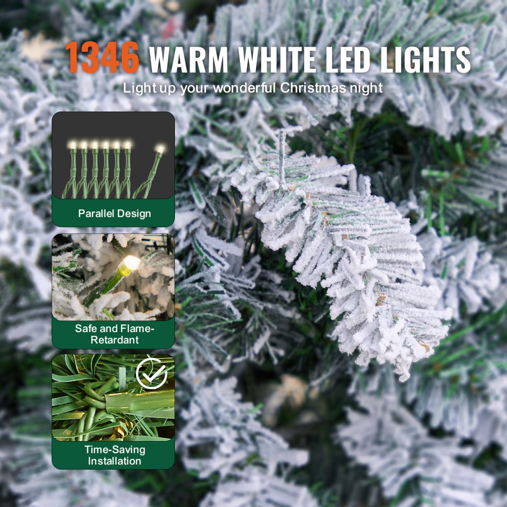 VEVOR Christmas Tree, 7.5ft Prelit Flocked Artificial Tree, Full Holiday Xmas Tree with 550 White LED Lights, 1346 Branch Tips, Metal Base for Home Party Office Decoration