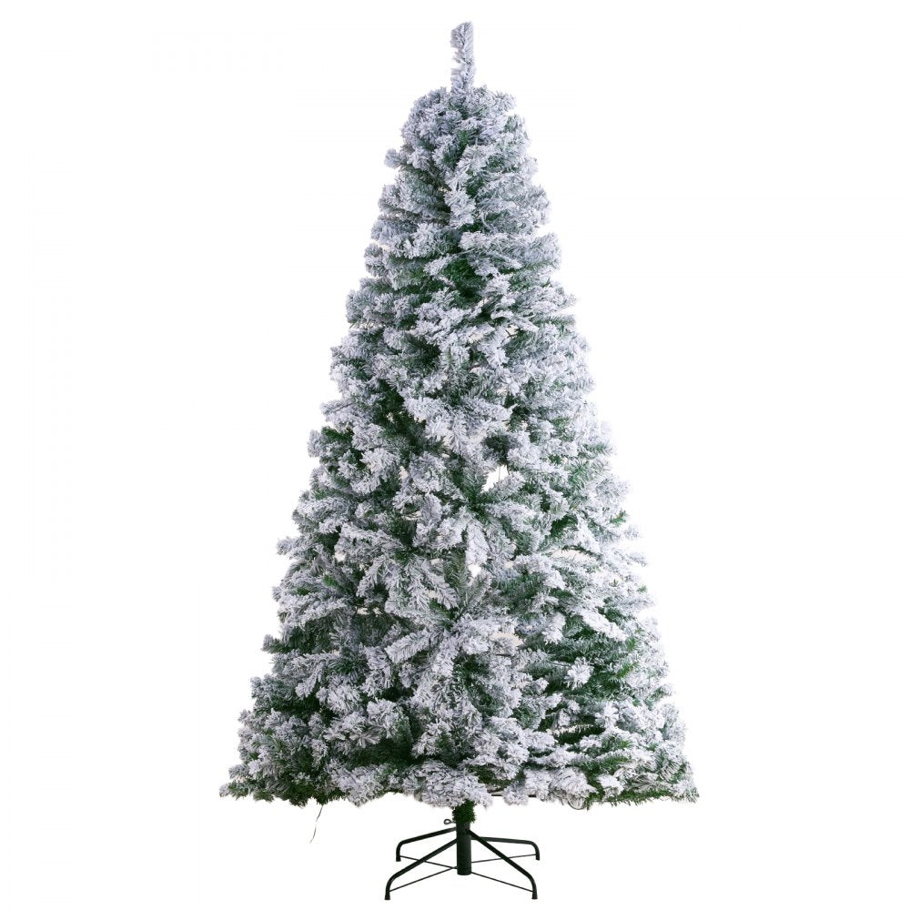 VEVOR Christmas Tree, 7.5ft Prelit Flocked Artificial Tree, Full Holiday Xmas Tree with 550 White LED Lights, 1346 Branch Tips, Metal Base for Home Party Office Decoration