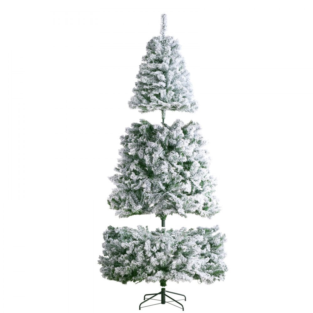 VEVOR Christmas Tree, 7.5ft Prelit Flocked Artificial Tree, Full Holiday Xmas Tree with 550 White LED Lights, 1346 Branch Tips, Metal Base for Home Party Office Decoration
