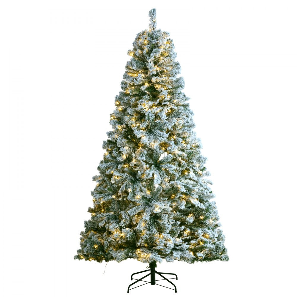 VEVOR Christmas Tree, 7.5ft Prelit Flocked Artificial Tree, Full Holiday Xmas Tree with 550 White LED Lights, 1346 Branch Tips, Metal Base for Home Party Office Decoration