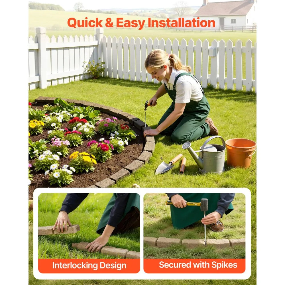 VEVOR Faux Stone Landscape Edging, 46.4 x 2.2 in Realistic Lawn Edging, Flexible Brick-Sized Garden Edging Border with Anchoring Spikes, Fade-Resistant Yard Edging for Driveways Walkway Beige