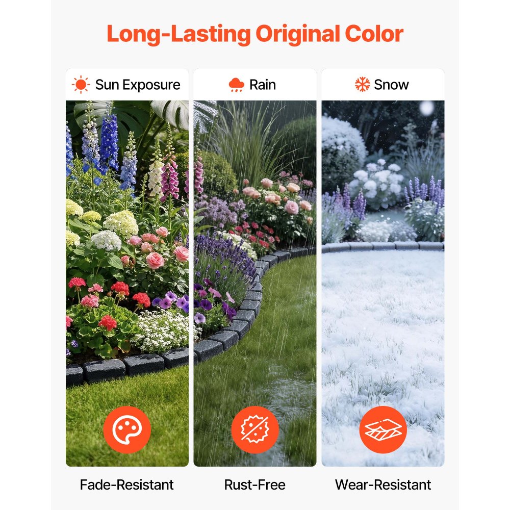 VEVOR Faux Stone Landscape Edging, 15.5 ft Kit, No Dig Garden Edging Border, Blocks for Lawn, Flower Beds, Yards, 4 Pack Each Section Has 6 Bricks 46.46"L x 3.74"W x 2.24"H, 12 Spikes, Charcoal Black