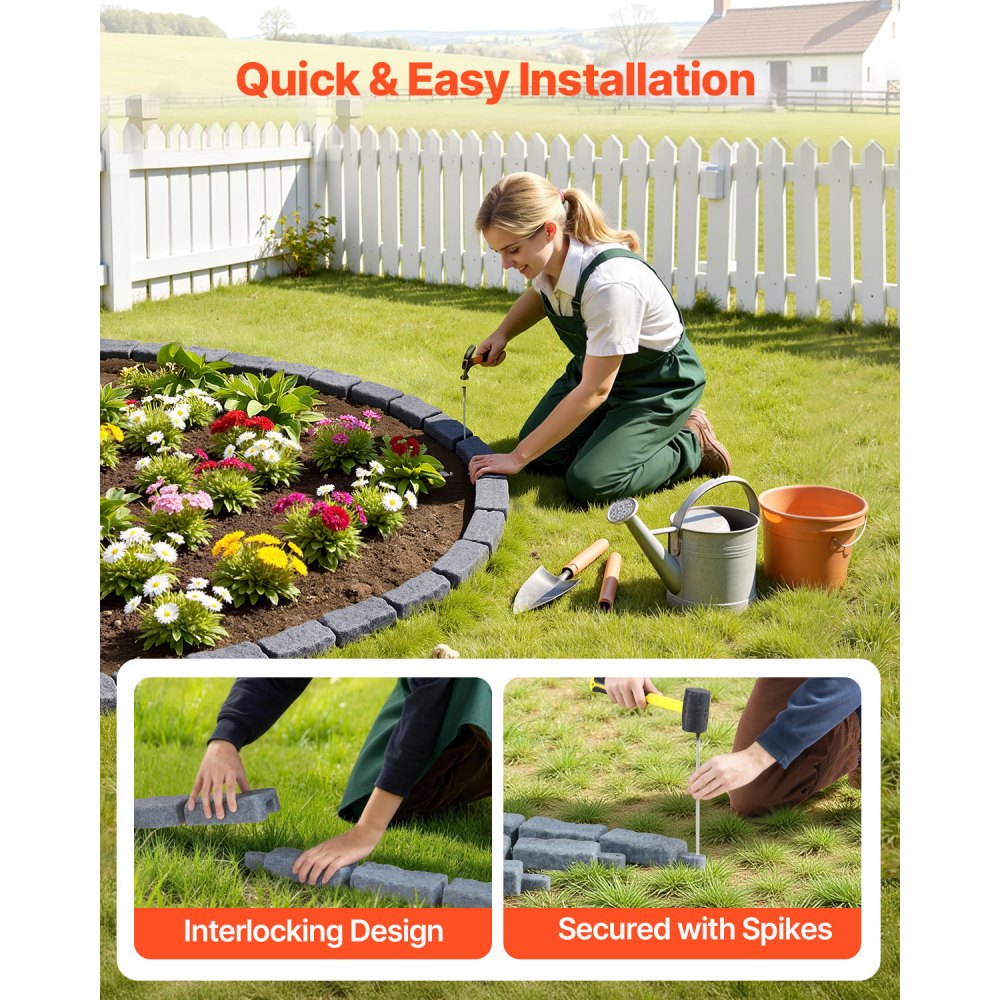 VEVOR Faux Stone Landscape Edging, 46.4 x 2.2 in Realistic Lawn Edging, Flexible Brick-Sized Garden Edging Border with Anchoring Spikes, Fade-Resistant Yard Edging for Driveways Walkway Grey