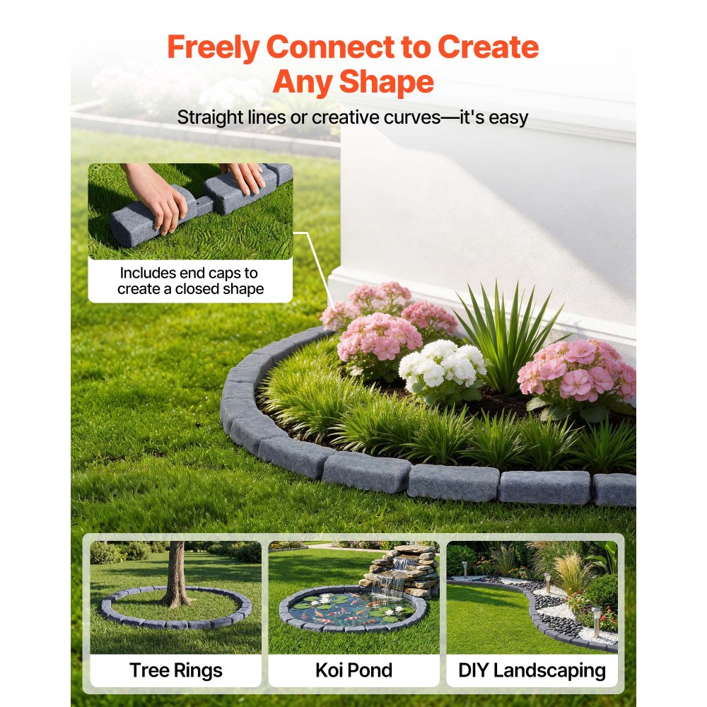 VEVOR Faux Stone Landscape Edging, 15.5 ft Kit, No Dig Garden Edging Border, Blocks for Lawn, Flower Beds, Yards, 4 Pack Each Section Has 6 Bricks 46.46"L x 3.74"W x 2.24"H, 12 Spikes & End Cap, Gray