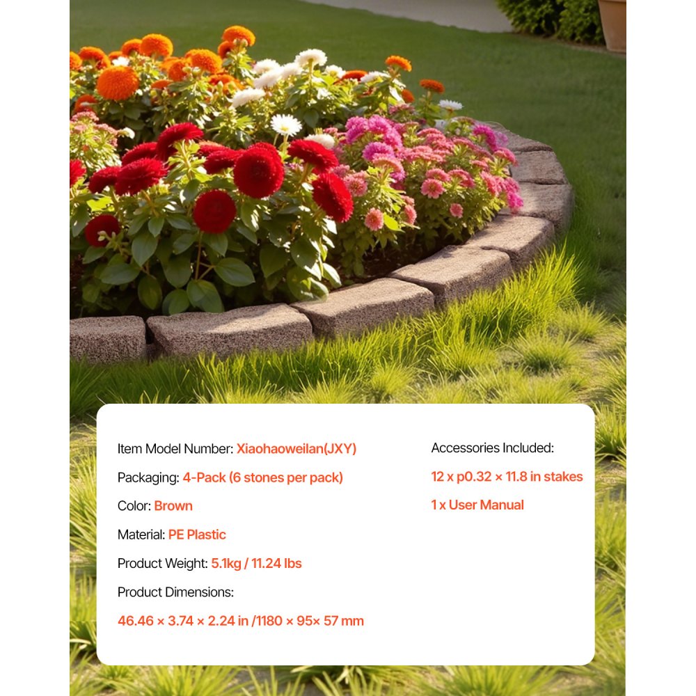 VEVOR Faux Stone Landscape Edging, 46.4 x 2.2 in Realistic Lawn Edging, Flexible Brick-Sized Garden Edging Border with Anchoring Spikes, Fade-Resistant Yard Edging for Driveways Walkway Brown