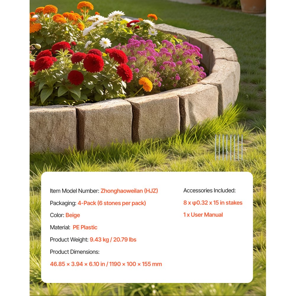 VEVOR Faux Stone Landscape Edging 46.8 x 3.9 in Realistic Lawn Edging, Flexible Brick-Sized Garden Edging Border with Anchoring Spikes, Fade-Resistant Yard Edging for Driveways Walkway Beige