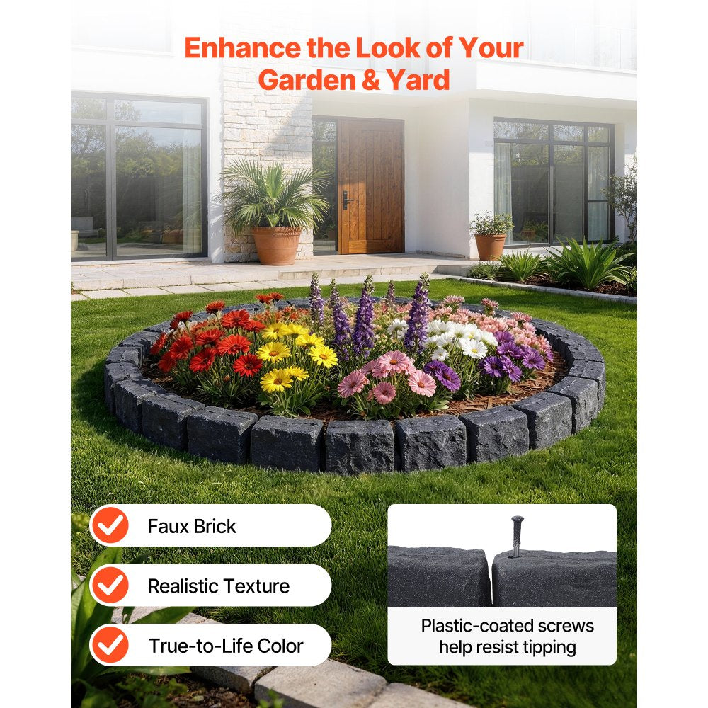 VEVOR Faux Stone Landscape Edging, 15.5 ft Kit, No Dig Garden Edging Border, Blocks for Lawn, Flower Beds, Yards, 4 Pack Each Section Has 6 Bricks 46.85"L x 3.94"W x 6.1"H, 8 Spikes, Charcoal Black