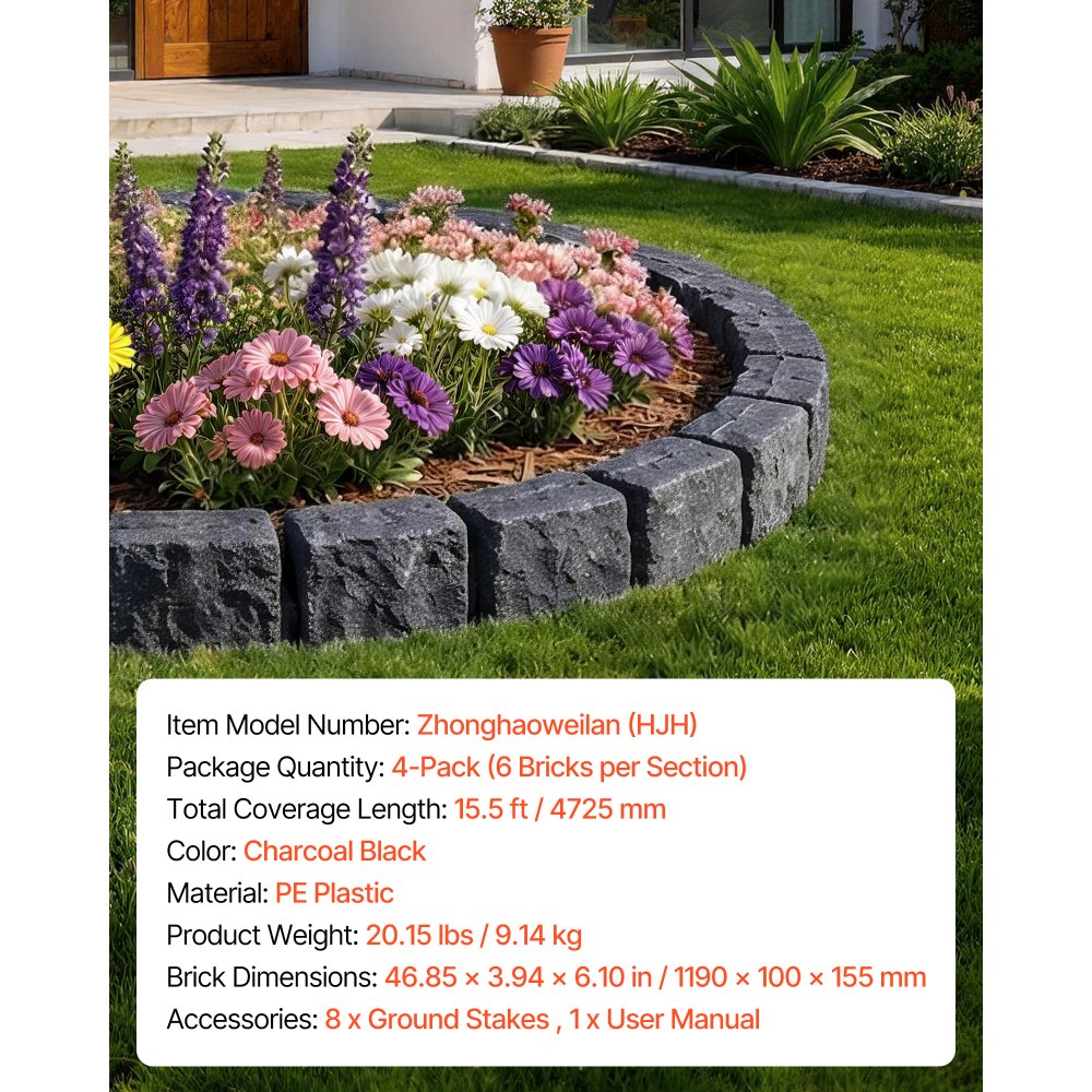 VEVOR Faux Stone Landscape Edging, 15.5 ft Kit, No Dig Garden Edging Border, Blocks for Lawn, Flower Beds, Yards, 4 Pack Each Section Has 6 Bricks 46.85"L x 3.94"W x 6.1"H, 8 Spikes, Charcoal Black