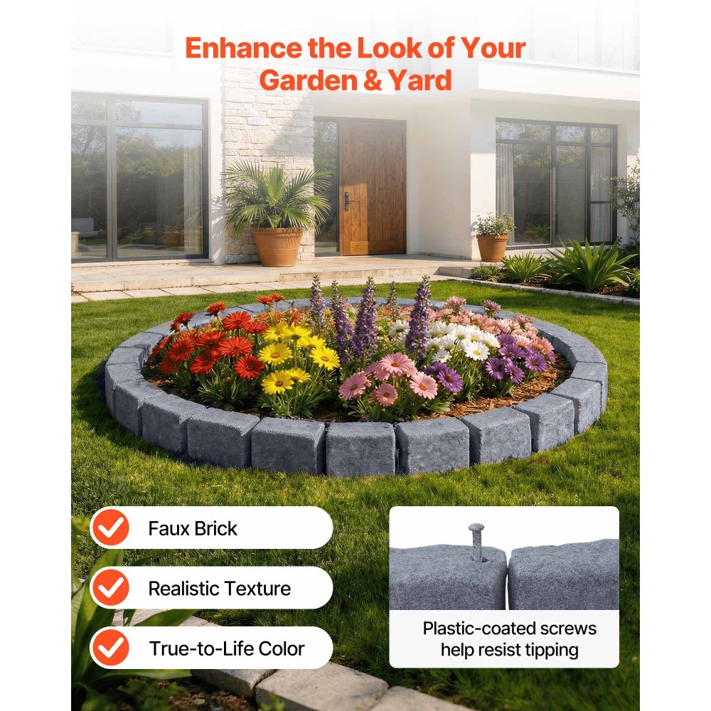 VEVOR Faux Stone Landscape Edging, 46.85" Kit, No Dig Garden Edging Border, Blocks for Lawn, Flower Beds, Yards, 1 Pack Each Section Has 6 Bricks 46.85"L x 3.94"W x 6.1"H, 3 Spikes, Sandstone Gray