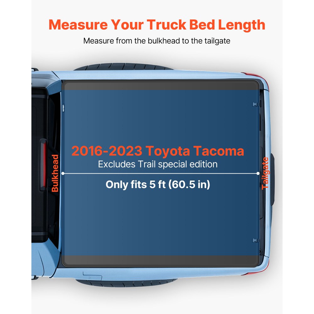 VEVOR Soft Tri-Fold Truck Bed Tonneau Cover, Compatible with 2016-2023 Toyota Tacoma (Excl. Trail Edition) 5 ft (60.5 in) Bed with Track Rail System, Fleetside, Waterproof Folding Truck Tonneau Cover