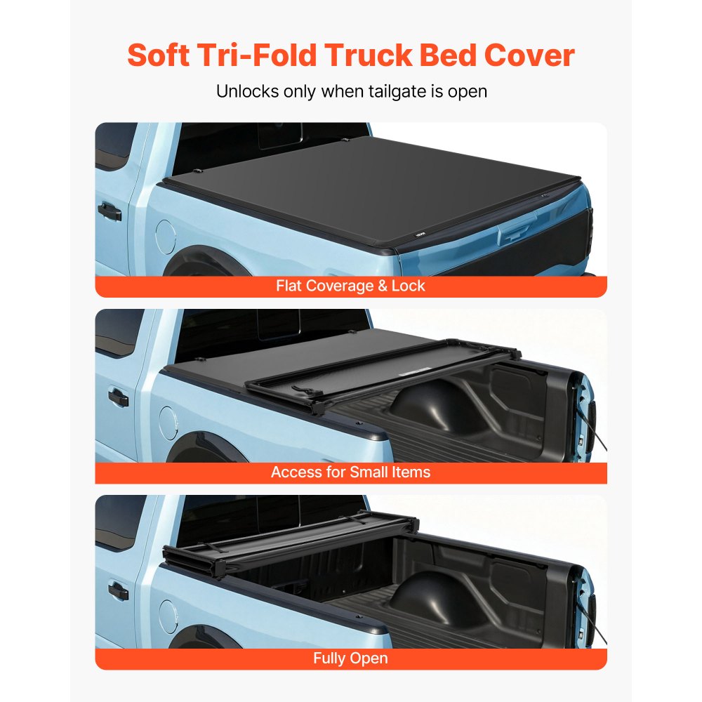 VEVOR Soft Tri-Fold Truck Bed Tonneau Cover, Compatible with 2016-2023 Toyota Tacoma (Excl. Trail Edition) 5 ft (60.5 in) Bed with Track Rail System, Fleetside, Waterproof Folding Truck Tonneau Cover