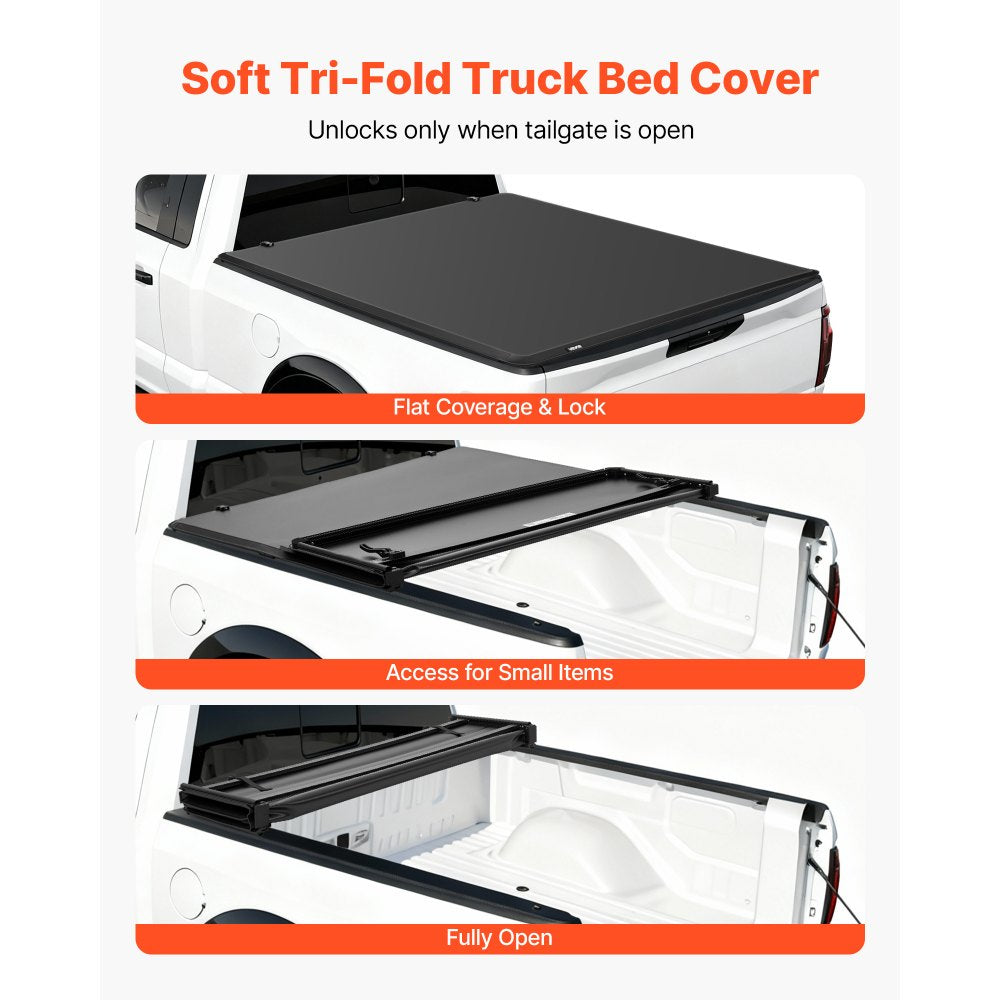 VEVOR Soft Tri-Fold Truck Bed Tonneau Cover, Compatible with 2015-2025 Ford F-150 5.5 ft (67.1 in) Bed, Waterproof Soft Folding Truck Tonneau Cover with 3-Layer PVC and Aluminum Alloy Support Bar