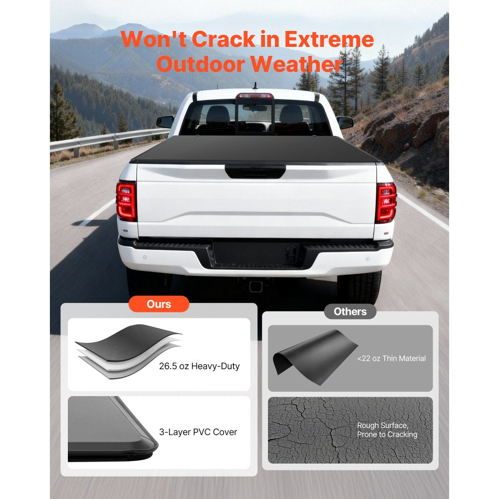 VEVOR Soft Tri-Fold Truck Bed Tonneau Cover, Compatible with 2015-2025 Ford F-150 5.5 ft (67.1 in) Bed, Waterproof Soft Folding Truck Tonneau Cover with 3-Layer PVC and Aluminum Alloy Support Bar
