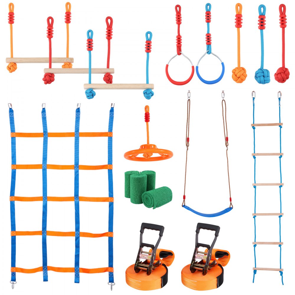 VEVOR Ninja Warrior Obstacle Course for Kids, 2 x 56 ft Weatherproof Slacklines, 500lbs Weight Capacity Monkey Line, Outdoor Playset Equipment, Backyard Toys Training Equipment Set with 12 Obstacles