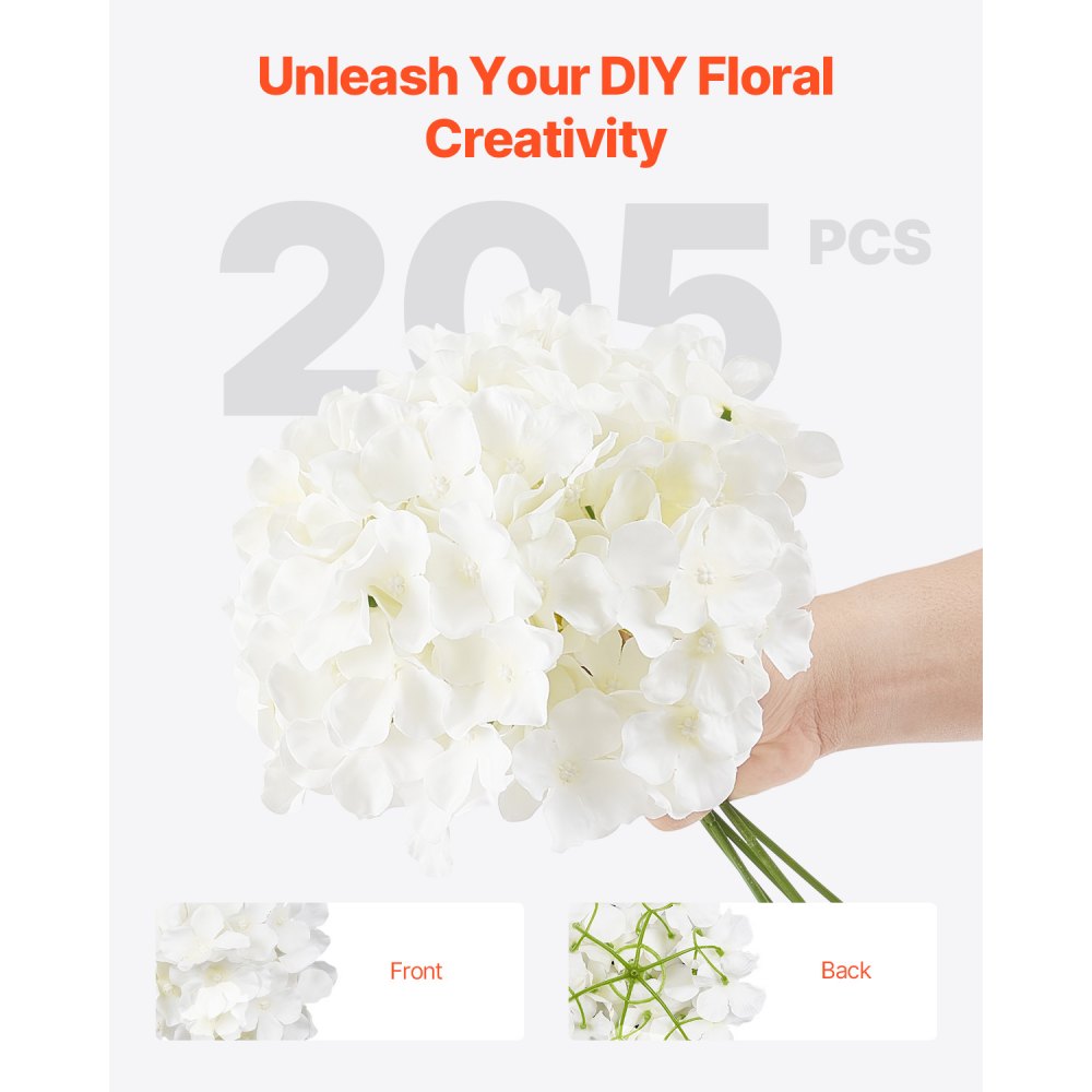 VEVOR Artificial Flowers, 205 pcs Real Looking White Silk Fake Hydrangea Bulk, White Faux Bridal Shower with Stems for DIY Wedding Bouquets, Home Centerpieces Arrangements, Party Tables Decorations