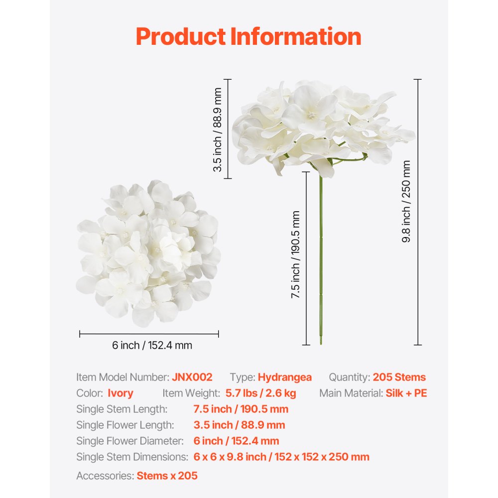 VEVOR Artificial Flowers, 205 pcs Real Looking White Silk Fake Hydrangea Bulk, White Faux Bridal Shower with Stems for DIY Wedding Bouquets, Home Centerpieces Arrangements, Party Tables Decorations
