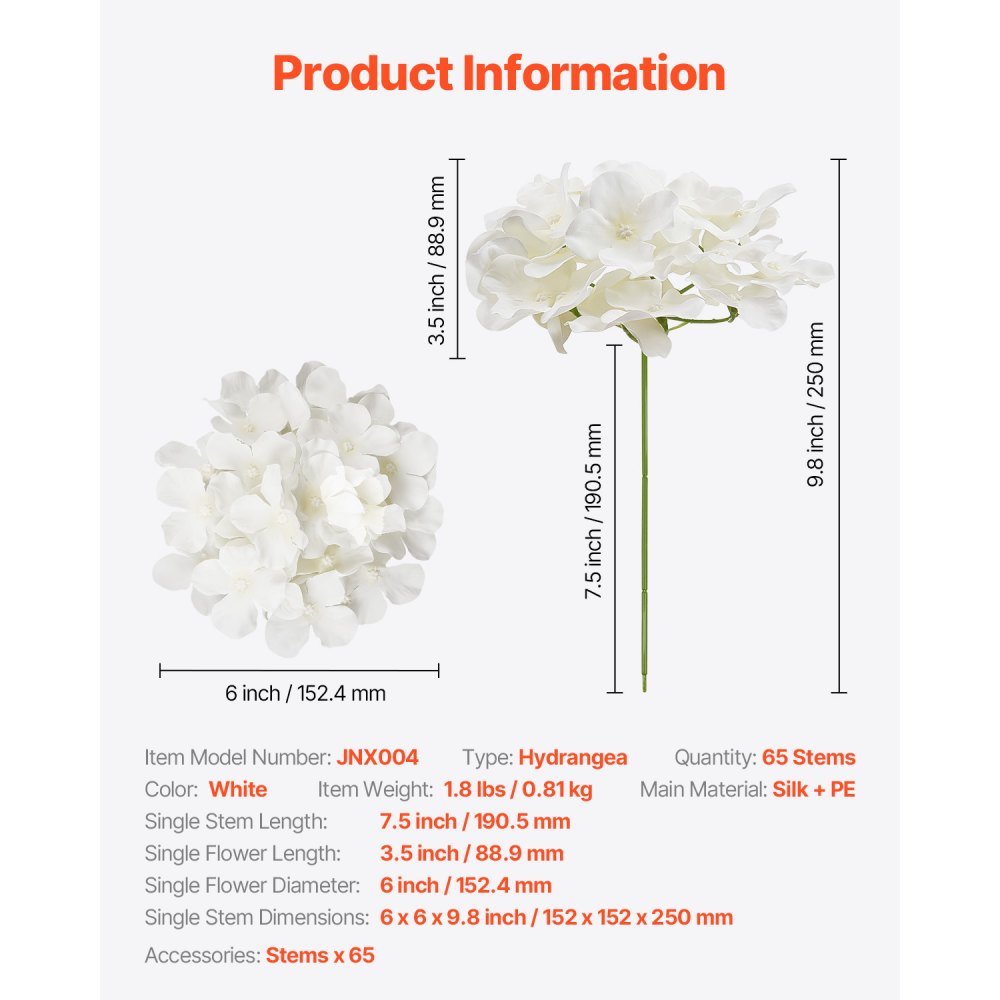 VEVOR Artificial Flowers, 65 pcs Real Looking White Silk Fake Hydrangea Bulk, White Faux Bridal Shower with Stems for DIY Wedding Bouquets, Home Centerpieces Arrangements, Party Tables Decorations