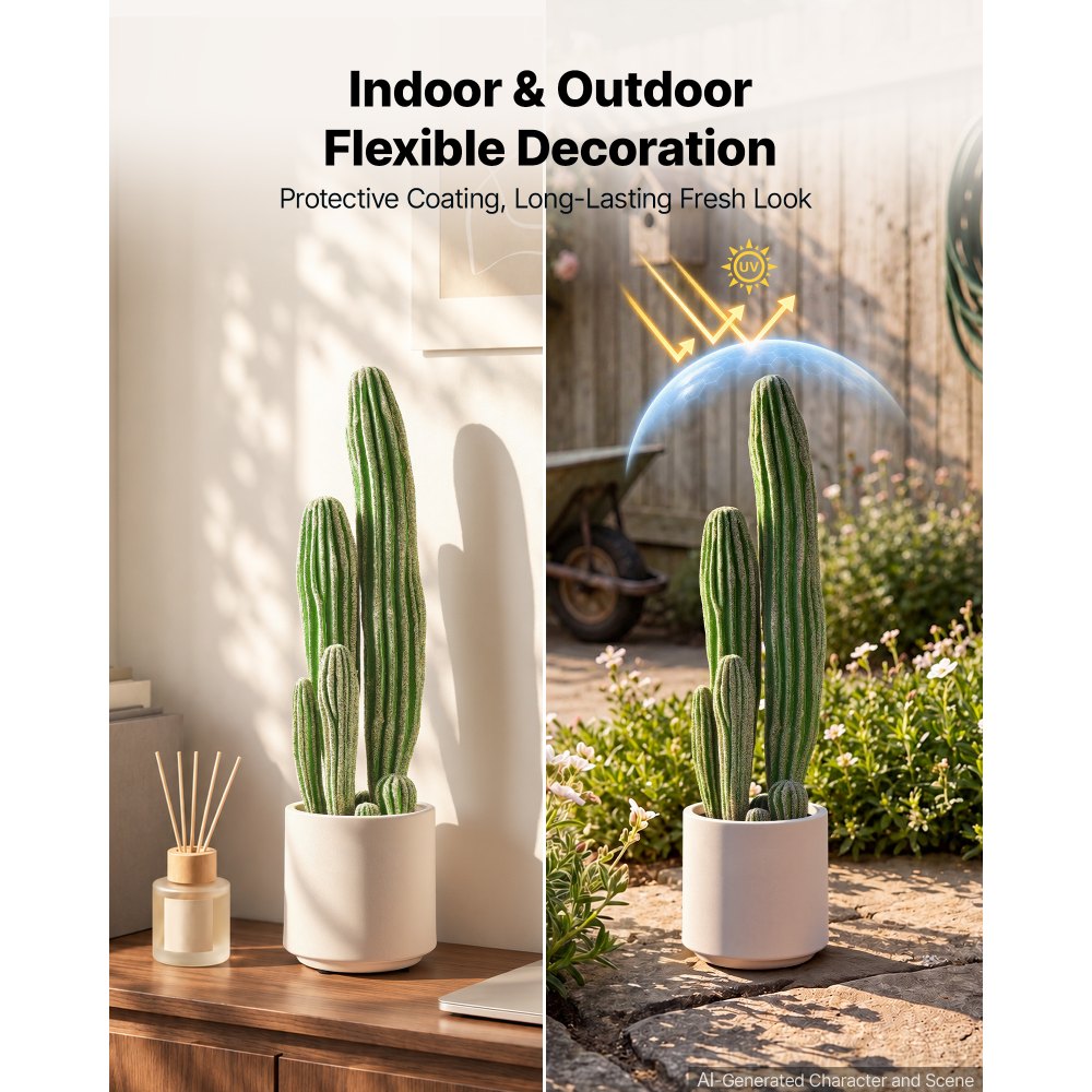 VEVOR Artificial Cactus, 24 in Tall Fake Cactus Plant with White Pot 1 Pack, for Home, Garden, Office, Living Room, Bedroom Indoor Decoration, Realistic Texture Large Faux Decor Plant, Premium HDPE