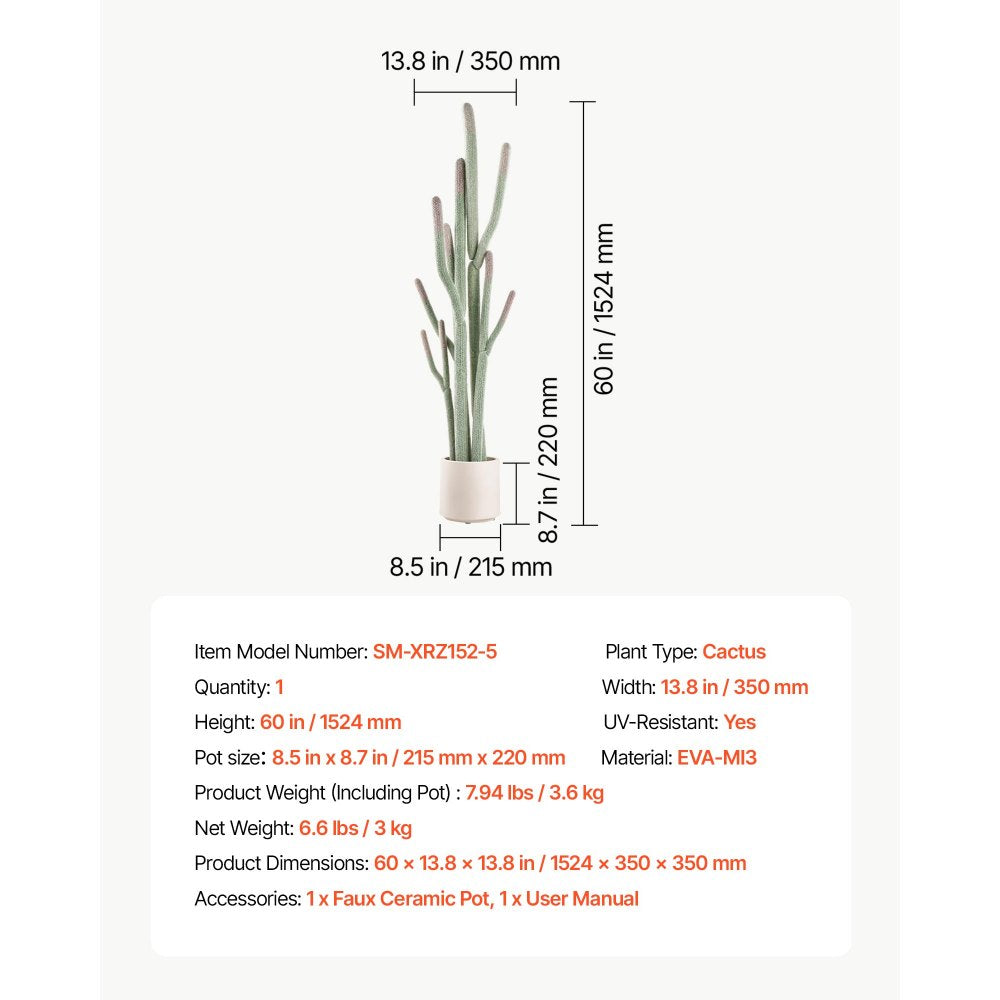 VEVOR Artificial Cactus, 60 in Tall Fake Cactus Plant with White Pot 1 Pack, for Home, Garden, Office, Living Room, Bedroom, Porch Indoor Decor, Realistic Texture Large Faux Decor Plant, Premium EVA