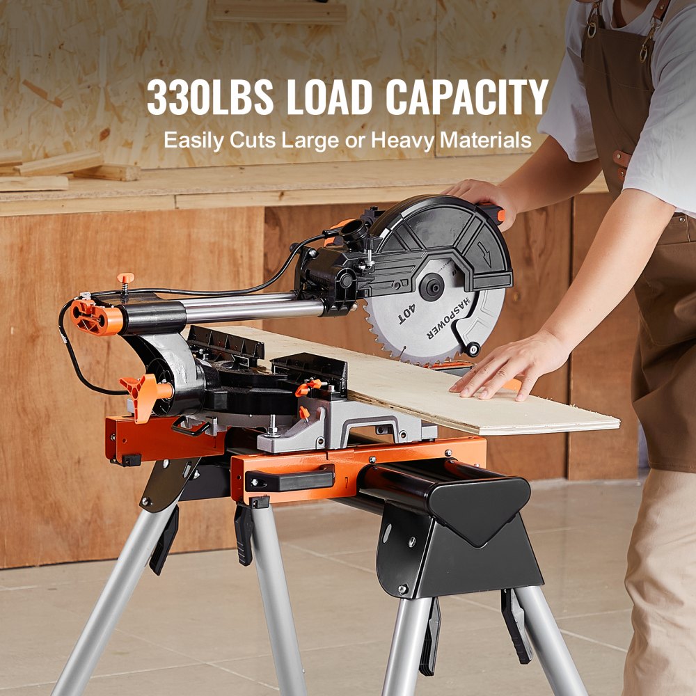 VEVOR Miter Saw Stand, 330lbs Load Capacity Steel Collapsible Stand for Miter Saw with One-piece Mounting Brackets Clamps, 29.1"-32.9" Adjustable Height, Portable Compact and Folding Miter Saw Stand