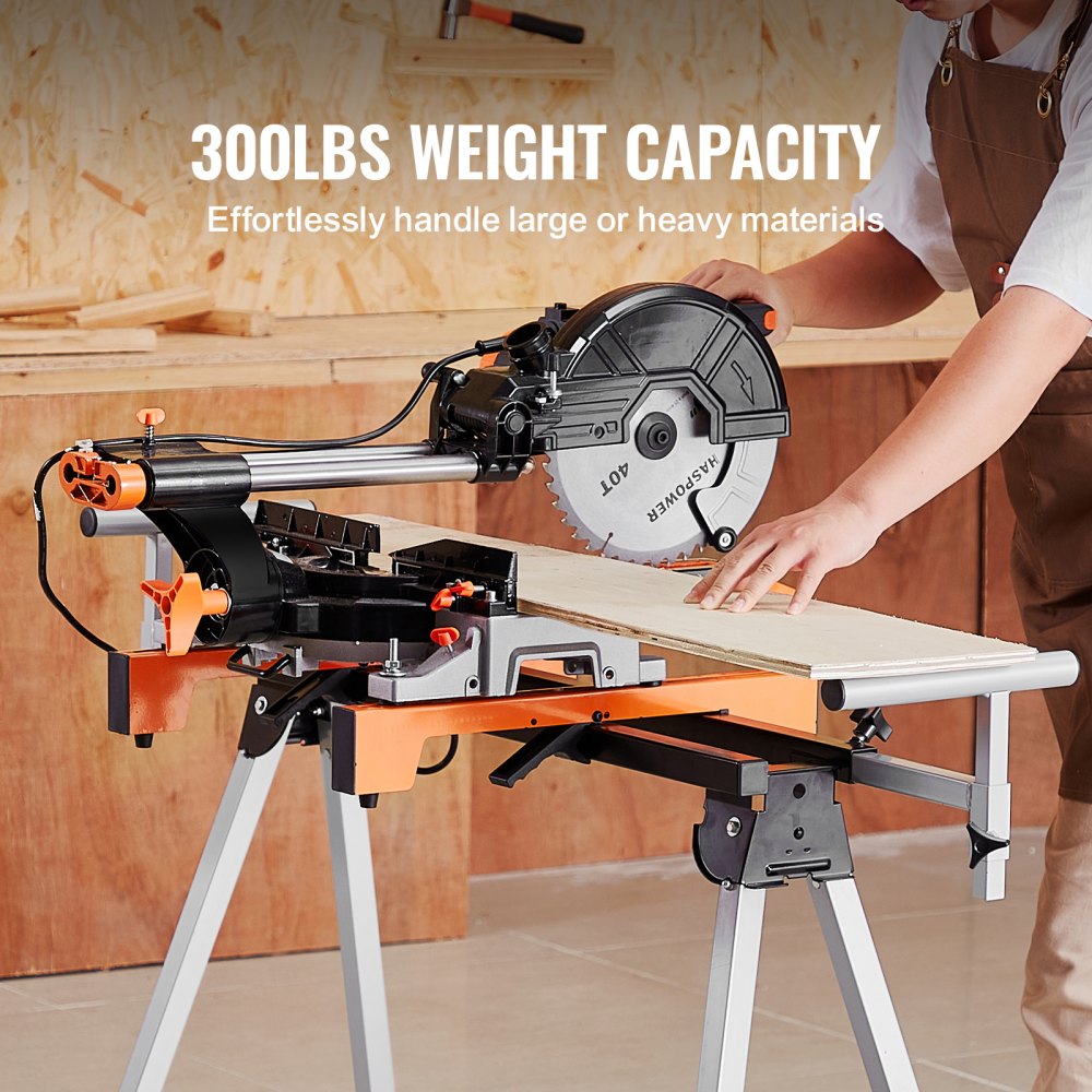VEVOR Miter Saw Stand, 300lbs Load Capacity Steel Collapsible Stand for Miter Saw with One-piece Mounting Brackets Clamps, Adjustable Height and Length, Portable Compact and Folding Miter Saw Stand