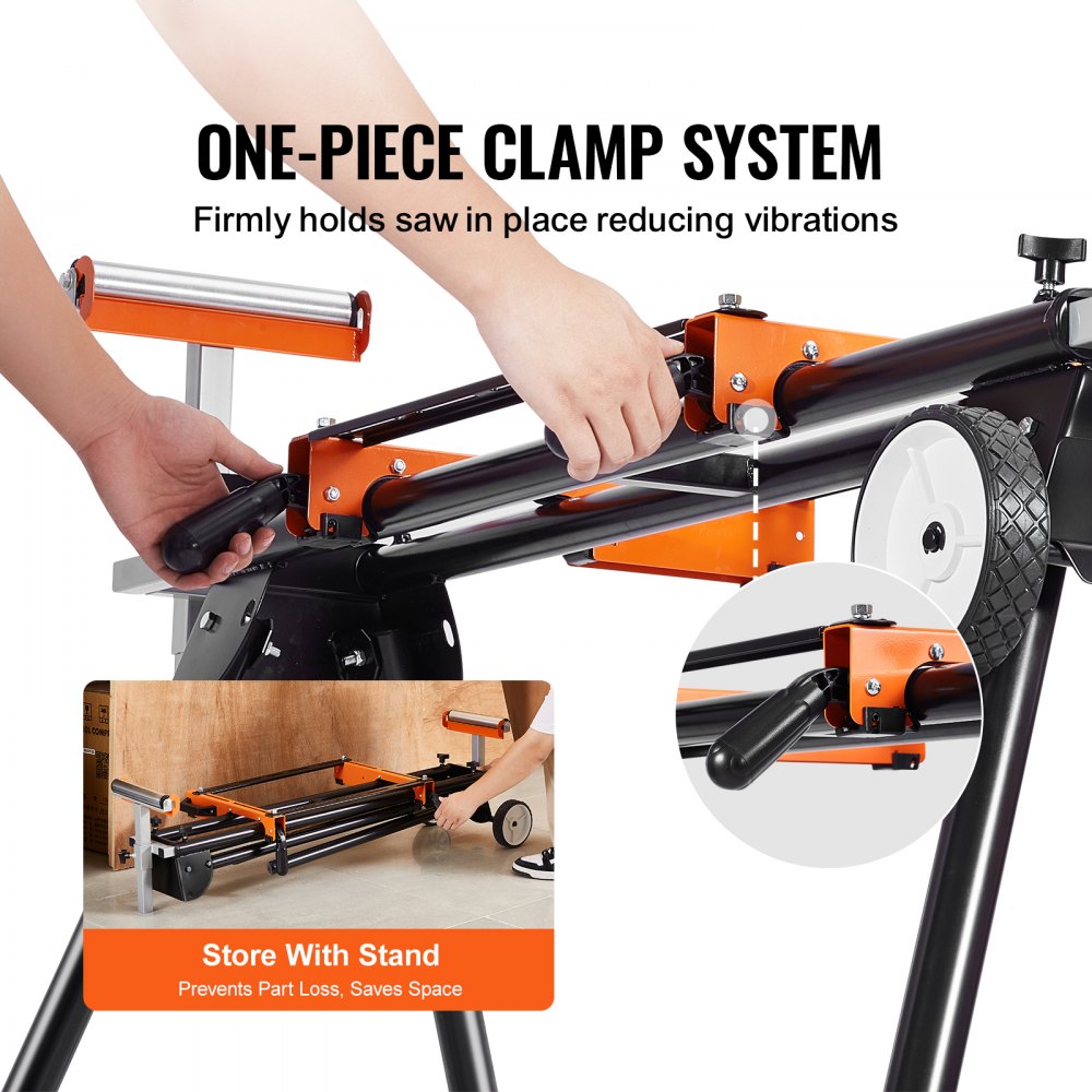 VEVOR Miter Saw Stand, 550lbs Load Capacity Steel Collapsible Stand for Miter Saw with One-piece Mounting Brackets Clamps, Adjustable Height and Length, Portable Compact and Folding Miter Saw Stand