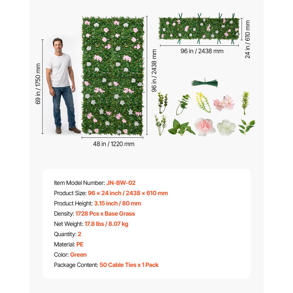 VEVOR Artificial Luxury‌ Flower Wall Backdrop, 2 PCS, Each Panel 2 x 8 ft, Gorgeous 3D Silk Floral Backdrop Pet Friendly, Easy Installation Flower Wall Panel for Wedding, Event, Party and Home Decor