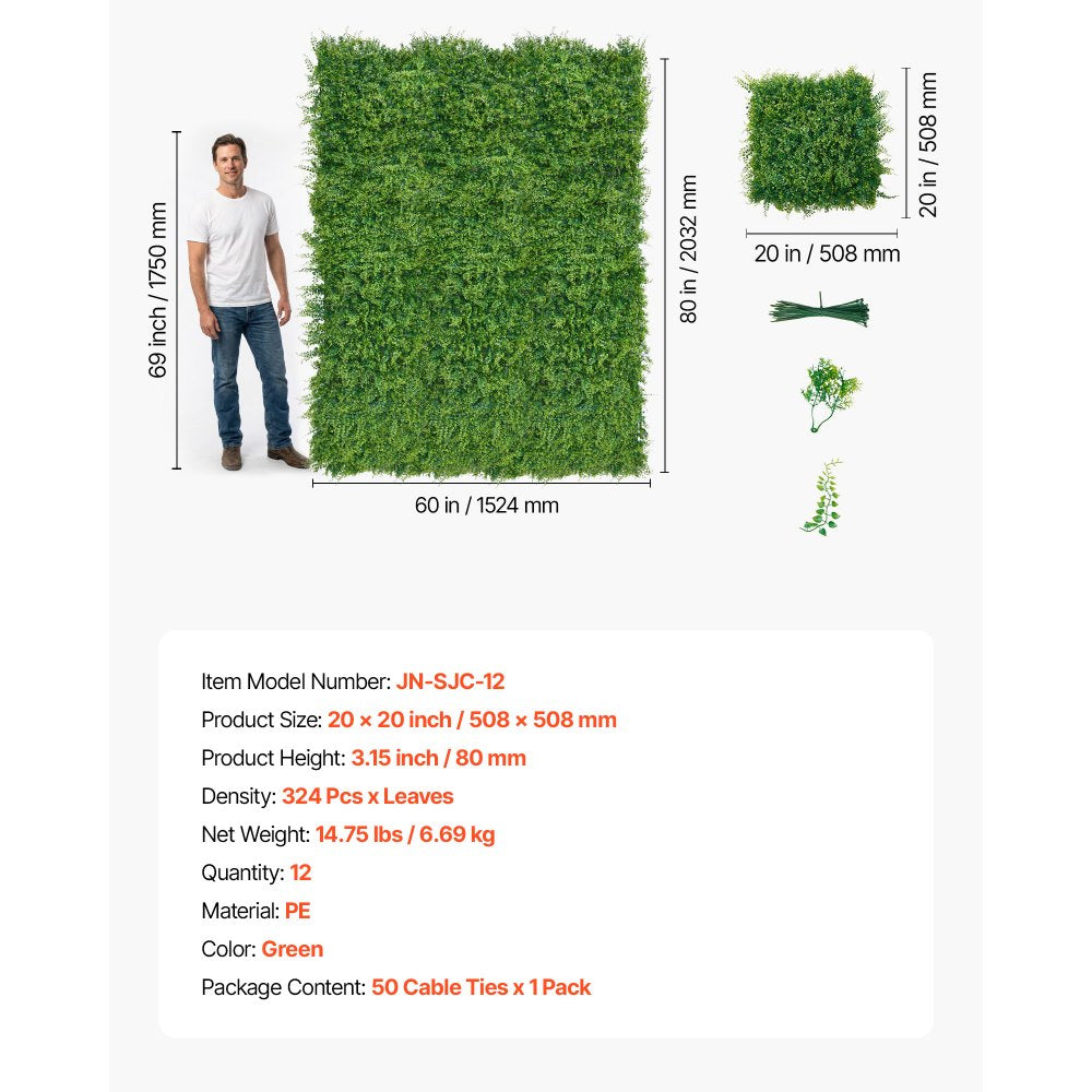 VEVOR Artificial Plant Wall, 12PCS 20 x 20 in Artificial Boxwood Panels, Sun Protection Greenery Backdrop Privacy Hedge Fence, Fake Grass Screen for Wedding, Indoor, Outdoor Garden, Backyard