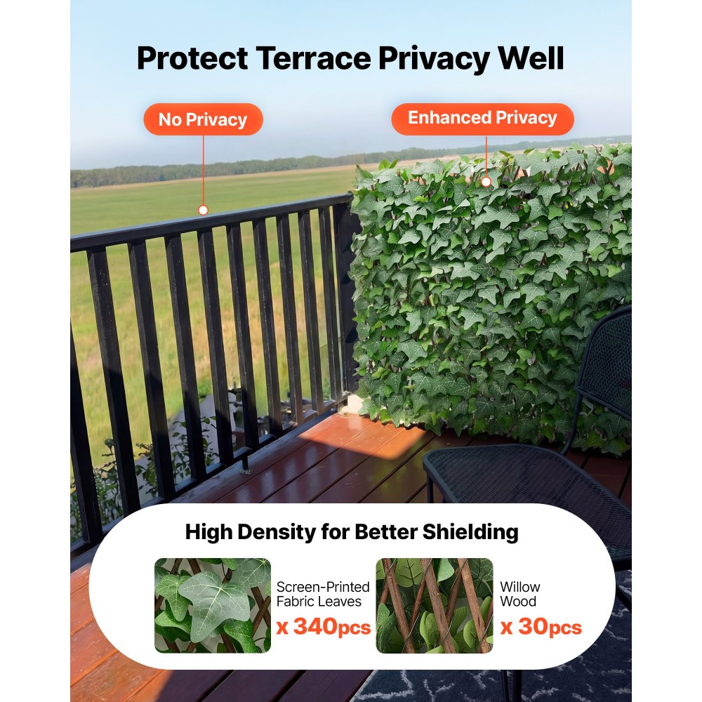 VEVOR Expandable Fence Privacy Screen, 25 x 126 in Expand Artificial Plant Wall, Realistic Artificial Ivy Panel with 50 Zip Ties, Decorative Faux Greenery Backdrop Hedges for Balcony Patio Outdoor