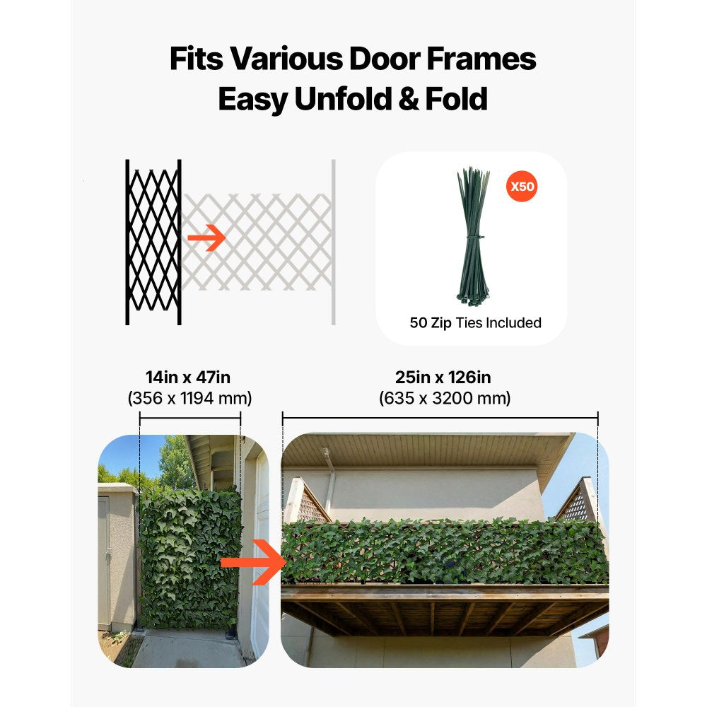 VEVOR Expandable Fence Privacy Screen, 25 x 126 in Expand Artificial Plant Wall, Realistic Artificial Ivy Panel with 50 Zip Ties, Decorative Faux Greenery Backdrop Hedges for Balcony Patio Outdoor