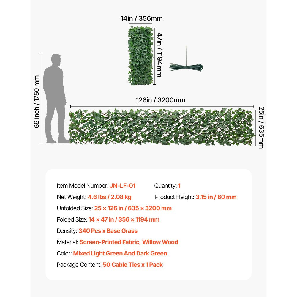 VEVOR Expandable Fence Privacy Screen, 25 x 126 in Expand Artificial Plant Wall, Realistic Artificial Ivy Panel with 50 Zip Ties, Decorative Faux Greenery Backdrop Hedges for Balcony Patio Outdoor