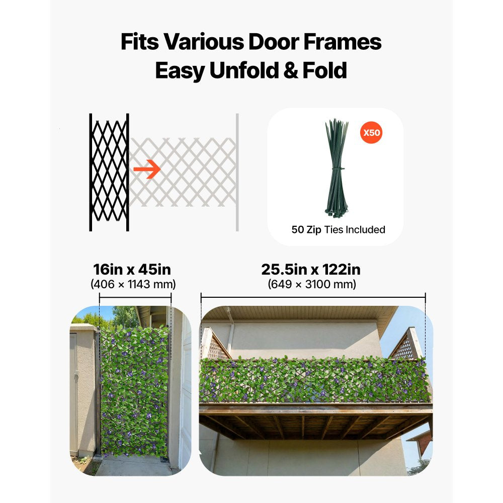 VEVOR Expandable Fence Privacy Screen, 25.5 x 122 in Expand Artificial Plant Wall, Realistic Artificial Ivy Panel with 50 Zip Ties, Decorative Faux Greenery Backdrop Hedges for Balcony Patio Outdoor