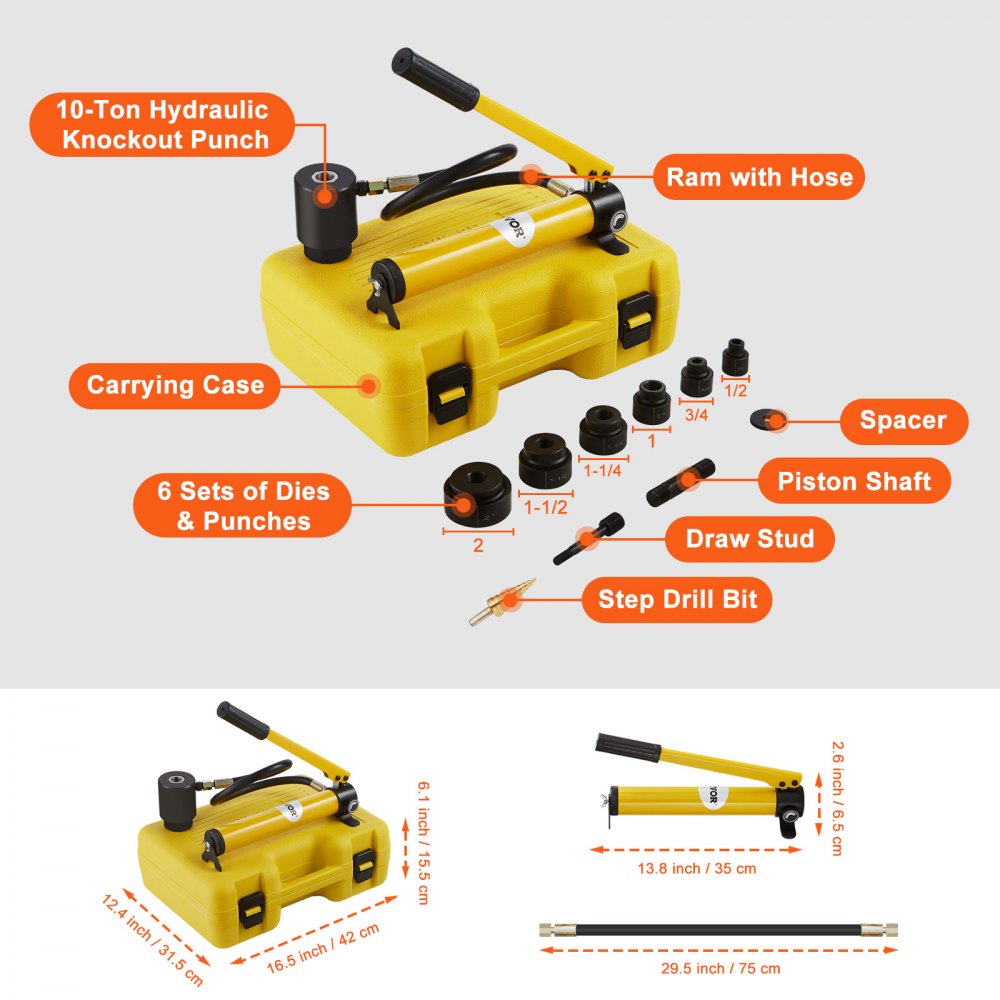 VEVOR Hydraulic Knockout Punch Kit, 10 Ton 1/2" to 2" Conduit Hole Cutter Set, KO Tool Kits with Puncher 6 Piece, Metal Sheet Driver Tools, For Aluminum, Stainless Steel, Brass, Fiberglass and Plastic