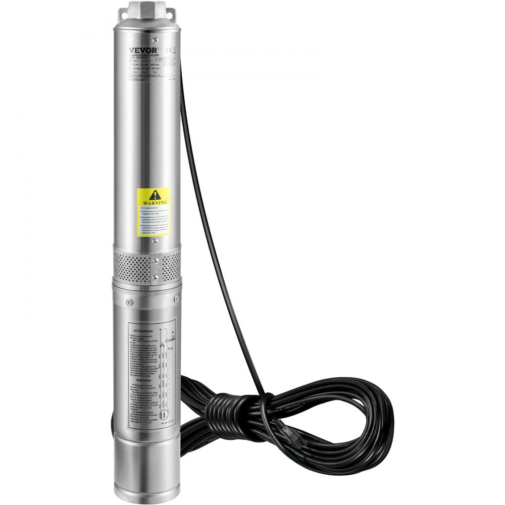 VEVOR Deep Well Submersible Pump, 1HP 115V/60Hz, 37gpm Flow 207ft Head, with 33ft Electric Cord, 4\" Stainless Steel Water Pump for Industrial, Irrigation&Home Use, IP68 Waterproof Grade