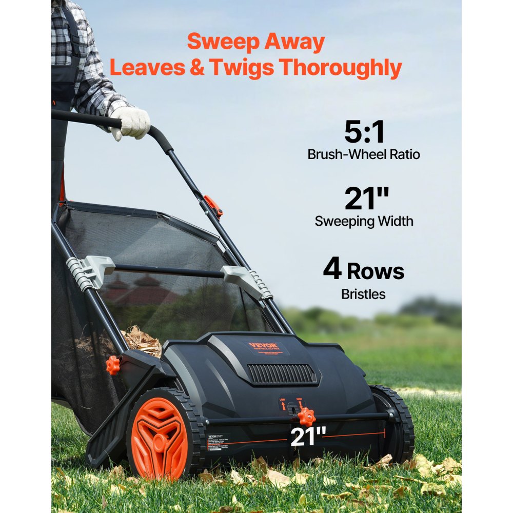 VEVOR Push Lawn Sweeper, 21inch Leaf & Grass Collector, Strong Plastic Wheels & Heavy Duty Thickened Steel Durable to Use with Large Capacity 3.5 cu. ft. Mesh Collection Hopper Bag, 2 Spinning Brushes