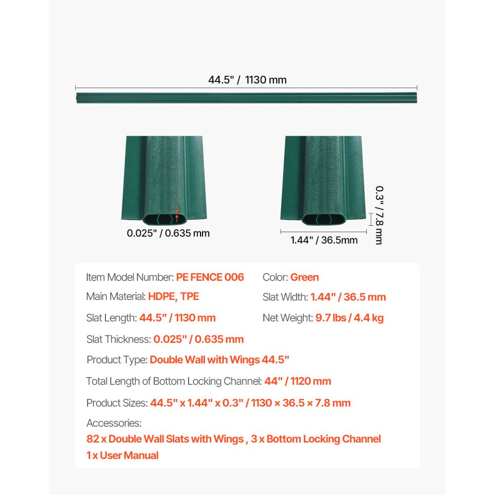 VEVOR Bottom Locking Privacy Slats, Double-Wall Vertical Bottom-Locking Slats with Wings for Chain-Link Fence, High-Density HDPE Chain Link Slats Ideally Fit 4' High Fence for Garden and Farm(Green)