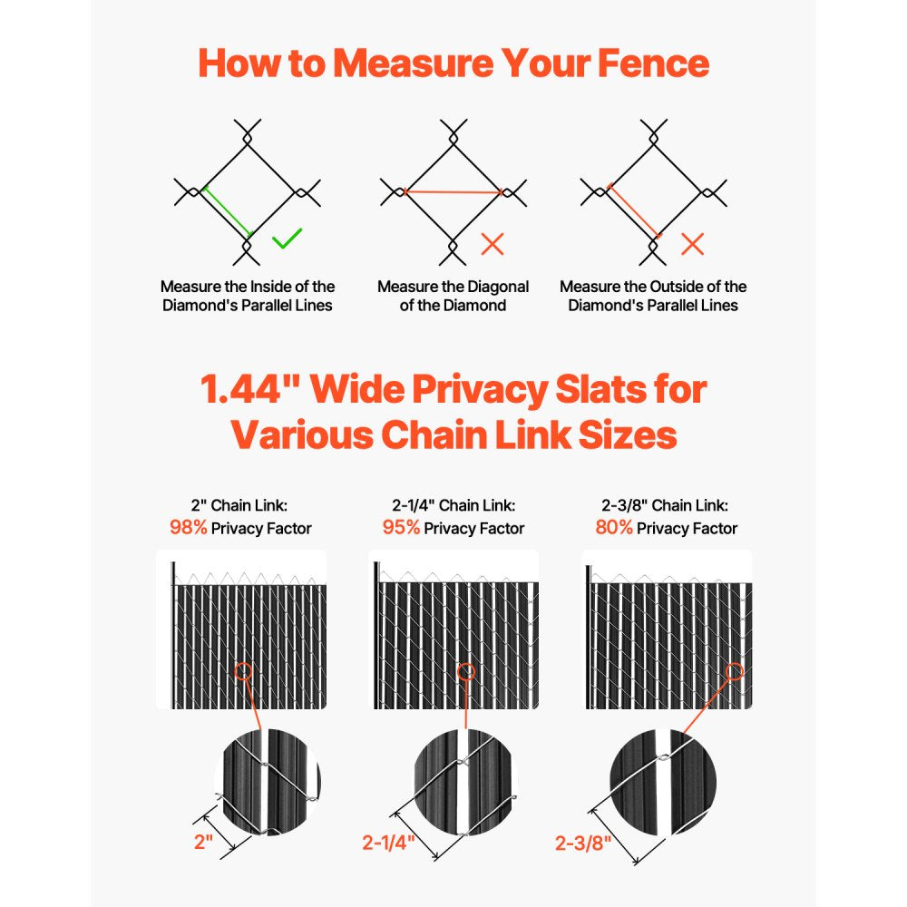 VEVOR Bottom Locking Privacy Slats, Double-Wall Vertical Bottom-Locking Slats with Wings for Chain-Link Fence, High-Density HDPE Chain Link Slats Ideally Fit 8' High Fence for Garden and Farm(Black)