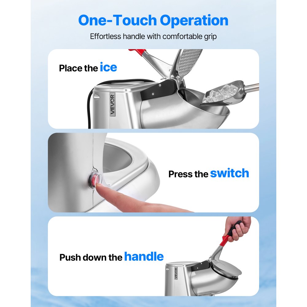 VEVOR Ice Crusher Machine, 220lbs Per Hour Electric 4 Blades Snow Cone Maker, Stainless Steel Shaved Ice Machine with Bowl and Cover, 300W 2000RPM Ice-Shaver for Home and Commercial Use, Silver