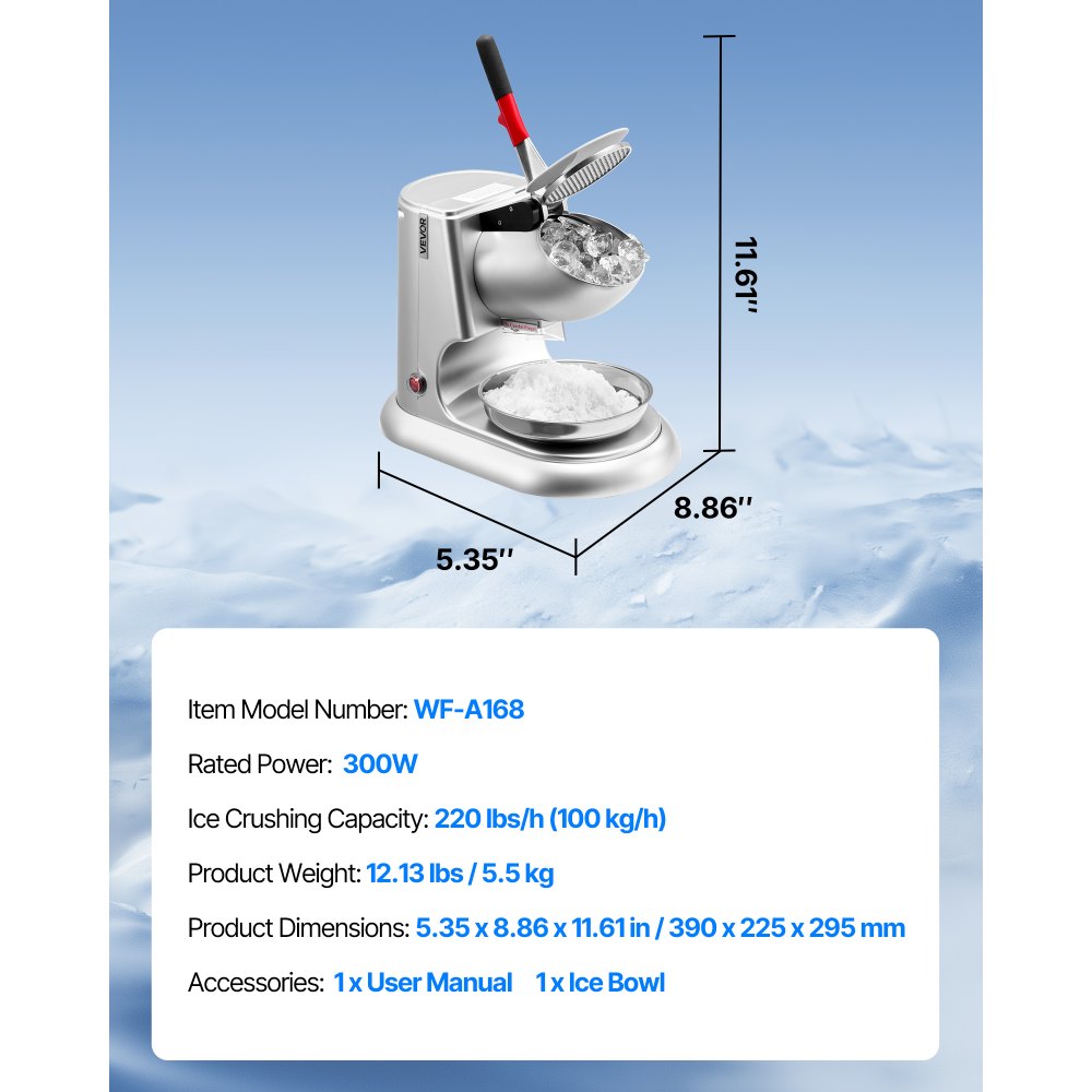 VEVOR Ice Crusher Machine, 220lbs Per Hour Electric 4 Blades Snow Cone Maker, Stainless Steel Shaved Ice Machine with Bowl and Cover, 300W 2000RPM Ice-Shaver for Home and Commercial Use, Silver