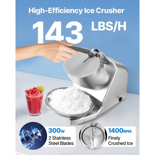 Vevor Ice Crusher Machine Electric 143 lbs/h Snow Cone Maker Shaved Ic ...